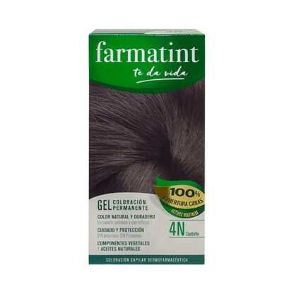 Farmatint Gel Color 4N Castanho 135ml, graça à sua suave composição, sem amoníaco e com ingredientes vegetais, é uma coloração permanente capaz de cobrir 100% dos cabelos brancos, respeitando a saúde do cabelo.