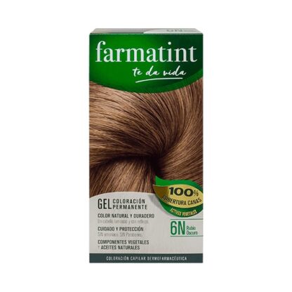 Farmatint Gel Color 6N Louro Escuro 135ml, graça à sua suave composição, sem amoníaco e com ingredientes vegetais, é uma coloração permanente capaz de cobrir 100% dos cabelos brancos, respeitando a saúde do cabelo.
