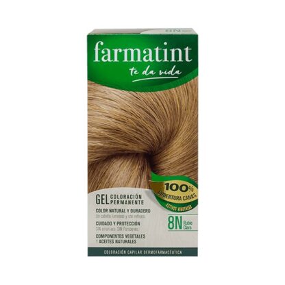 Farmatint Gel Color 8N Louro Claro 135ml, graça à sua suave composição, sem amoníaco e com ingredientes vegetais, é uma coloração permanente capaz de cobrir 100% dos cabelos brancos, respeitando a saúde do cabelo.