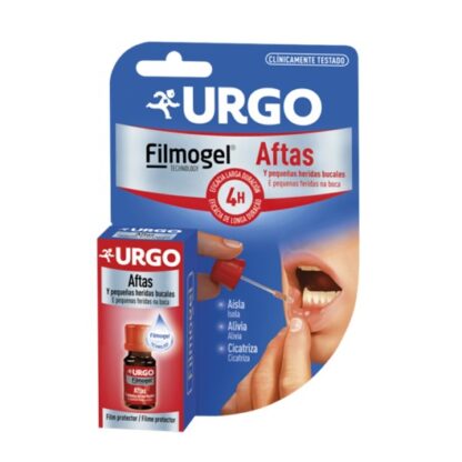 URGO Aftas Filmogel 6ml penso líquido indicado para o tratamento de aftas e pequenas feridas na mucosa oral (queimaduras, feridas provocadas pelo aparelho ortodôntico). Não recomendado a crianças com idade inferior a 6 anos.