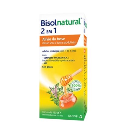 Bisolnatural 2 em 1 é formulado com ingredientes 100% naturais e contém uma mistura de extratos de plantas, que combatem sintomas da tosse seca e da tosse produtiva.