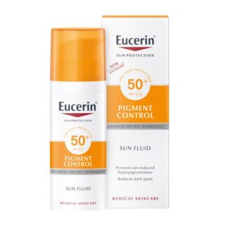 Eucerin Sun Fluido Pigment Control SPF 50+ 50ml, protector solar superior para o rosto e para todos os tipos de pele que previne a hiperpigmentação induzida pelo sol.