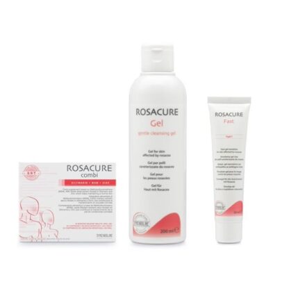 Rosacure Combi + Gel Clean + Gel Emulsão Fast, linha de produtos que ajudao a controlar e atenuar os sintomas típicos da rosácea
