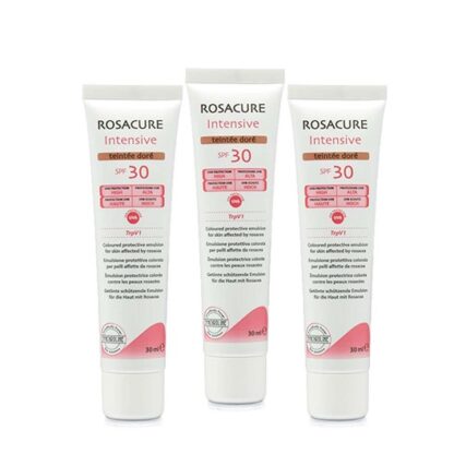 Rosacure Intensive SPF30 Teintée Doré 3x30ml, emulsão protetora com cor e fator de proteção solar alto para aplicação no rosto, indicado para a pele com rosácea na sua fase eritemato-telangiectásica (couperose) e pápulo-pustulosa