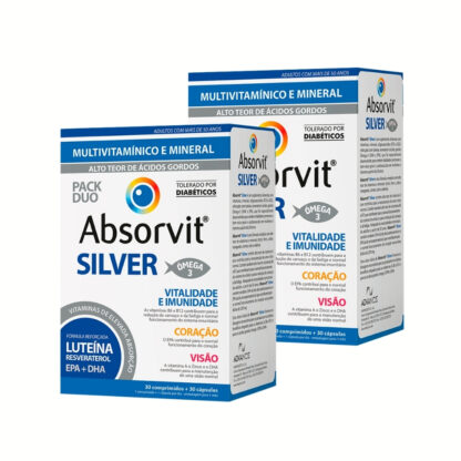 Absorvit Silver 30 Cápsulas + 30 Comprimidos é um suplemento alimentar com vitaminas, minerais, oligossacáridos (FOS e GOS), reforçado com luteína, resveratrol e ácidos gordos Ómega-3 (DHA e EPA).