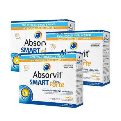 Absorvit Smart Extra Forte 30 Ampolas, tónico cerebral e físico. Além disso é ideal para pessoas ativas,