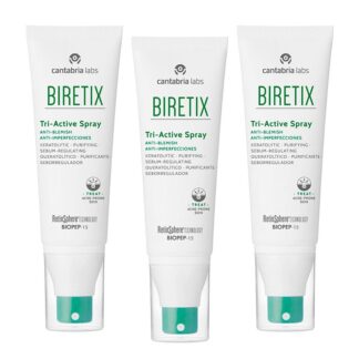 Biretix Tri-Active Spray Anti-Imperfeições 3x100ml, cuidado intensivo em formato spray, para uma rápida e fácil aplicação em zonas extensas do corpo como peito e costas