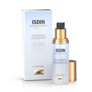 Isdin Isdinceutics Hyaluronic Concentrate 30ml, é um soro facial com ácido hialurónico puro de baixo e médio peso molecular e uma textura aqua-gel que proporciona uma hidratação superficial e profunda