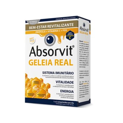 Absorvit Geleia Real 30 Comprimidos é um suplemento alimentar com geleia real, reforçado com própolis, frutooligossacáridos (FOS), zinco e selénio.