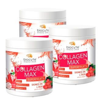 Biocyte Collagen Max SuperFruits 3x260gr suplemento alimentar à base de Colagénio hidrolisado marinho para combater as rugas e a flacidez da pele