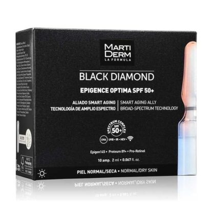 Martiderm Black Diamond Epigence Optima SPF50+ 10 Ampolas, fórmula revolucionária anti-idade global, que protege contra a UV/IV/luz azul e radiações emitidas por dispositivos WI-FI e Bluetooth