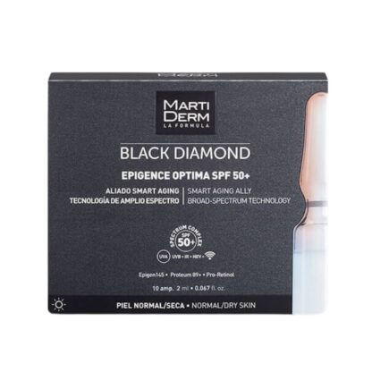 Martiderm Black Diamond Epigence Optima SPF50+, é uma fórmula revolucionária anti-idade global, que protege face aos raios UV/IV/luz azul e radiações emitidas por dispositivos Wi-Fi e Bluetooth