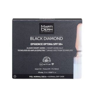 Martiderm Black Diamond Epigence Optima SPF50+, é uma fórmula revolucionária anti-idade global, que protege face aos raios UV/IV/luz azul e radiações emitidas por dispositivos Wi-Fi e Bluetooth.