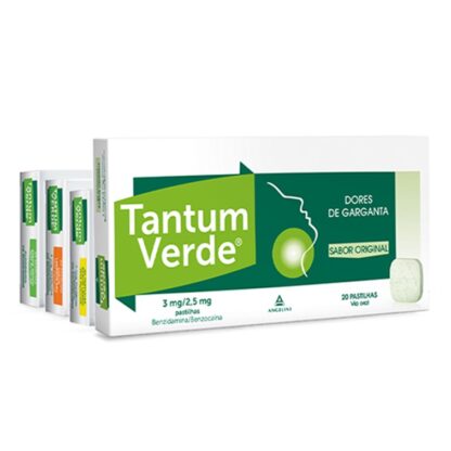Tantum Verde Sem Açúcar 3mg Sabor Laranja-Mel 20 Pastilhas, medicamento indicado para o alívio da dor e irritação da boca e garganta.