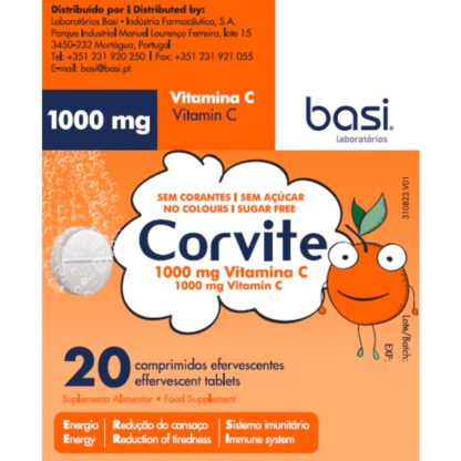 Corvite 20 Comprimidos Efervescentes, suplmento alimentar, com vitamina C, para a redução do cansaço e para o sistema imunitário.