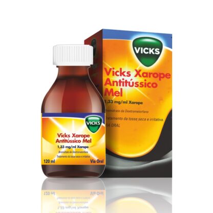 Vicks Xarope Antitussico Mel 120ml, medicamento indicado no alívio da tosse seca e irritativa.