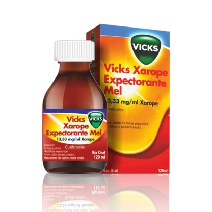 Vicks Xarope Expectorante Mel 120ml, medicamento indicado para o alívio da tosse com expetoração.