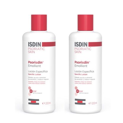 Psorisdin Emollient loção diária 2x200ml, flexibiliza, normaliza e hidrata a pele. Ajuda a reduzir o prurido.