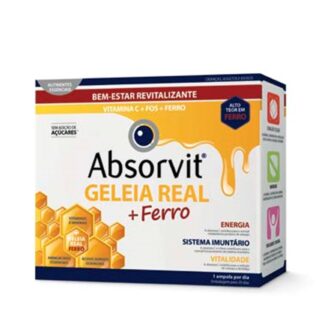 Absorvit Geleia Real + Ferro 20 Ampolas é um suplemento alimentar com Geleia Real, reforçado com Vitamina C e Frutooligossacáridos (FOS).