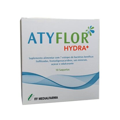 Atyflor Hydra+ 10 Saquetas, contém um mistura solúvel de 7 estirpes de bactérias benéficas liofilixadas, frutooligossacarideos, sais minerais