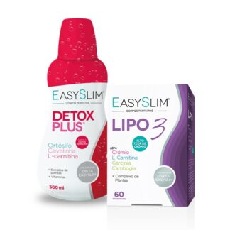 Easyslim Detox Plus, suplemento alimentar com sabor a frutos vermelhos, que apresenta uma fórmula completa e equilibrada