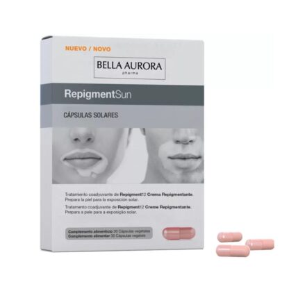 Bella Aurora Repigmentsun 30 Cápsulas, cápsulas solares que ajudam a preparar a pele para a exposição solar no tratamento cosmético específico para a remoção de manchas brancas na pele.