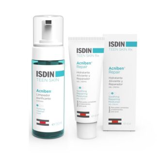 Isdin Teen Skin Acniben Espuma Purificante , limpe a sua pele em profundidade e Acniben Repair Gel-creme hidratante, indicado para o cuidado específico da pele submetida a tratamentos antiacne.