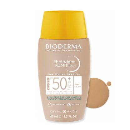Bioderma Photoderm Nude Touch Dourado FPS50+ 40 ml, fotoproteção muito elevada com aparência natural e efeito mate aveludado da pele mista a oleosa e/ou com imperfeições