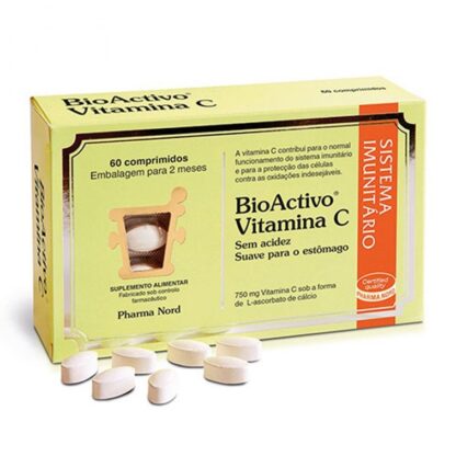 Bioactivo Vitamina C 60 Comprimidos, consiste em comprimidos revestidos com 750 mg de vitamina C n