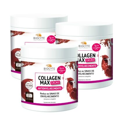 Biocyte Collagen Max Cacau 3x260gr suplemento alimentar à base de Colagénio hidrolisado marinho para combater as rugas e a flacidez da pele,