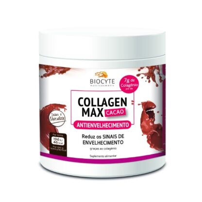 Biocyte Collagen Max Cacau 260gr suplemento alimentar à base de Colagénio hidrolisado marinho para combater as rugas e a flacidez da pele,