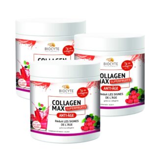 Biocyte Collagen Max SuperFruits 3x260gr suplemento alimentar à base de Colagénio hidrolisado marinho para combater as rugas e a flacidez da pele,