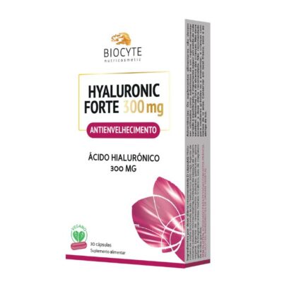 Biocyte Hyaluronic Forte 300 mg 30 cápsulas, suplemento alimentar à base de ácido hialurónico com ingredientes de origem vegetal.