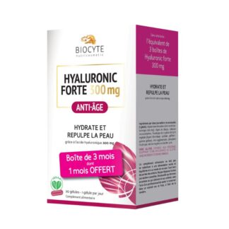 Biocyte Hyaluronic Forte 300 mg 90 cápsulas, suplemento alimentar à base de ácido hialurónico com ingredientes de origem vegetal.