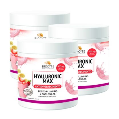 Biocyte Hyaluronic Max Anti-Age 3x260gr suplemento Alimentar à base de Ácido Hialurónico hidrolisado que hidrata a pele, eliminando pequenas rugas