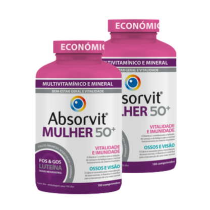 Absorvit Mulher 50+ 100 comprimidos, é um suplemento alimentar desenvolvido a pensar nas necessidades