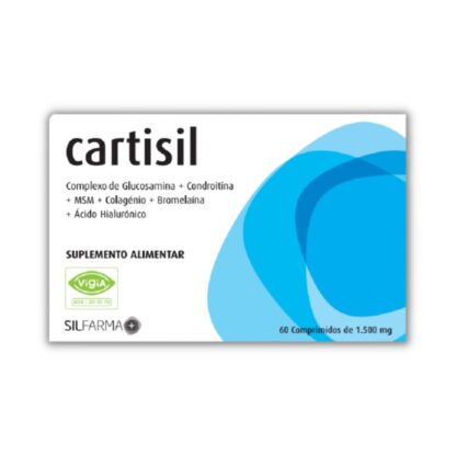CARTISIL é um suplemento alimentar que contém Cloridrato de Glucosamina, Sulfato Sódico de Condroitina, Colagénio Marinho, Bromelaína, Ácido Hialurónico, MSM (Metil-Sulfonil-Metano), Quercetina e Silício.