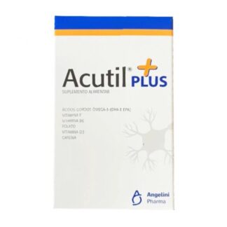 Acutil Plus 30 Cápsulas, com ácidos gordos ómega-3 (DHA e EPA), vitaminas (E, B6, folato, D3) e cafeína.