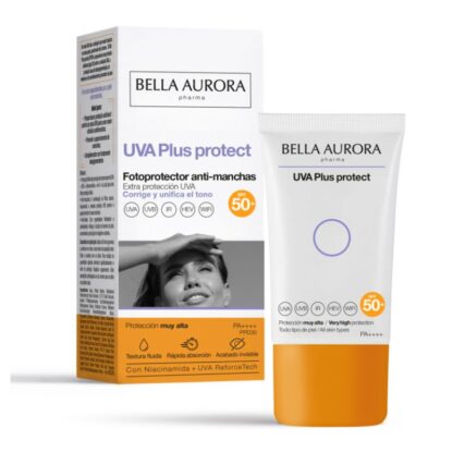 Bella Aurora Fotoprotetor SPF50 Antimanchas UVA Plus Protect, extra-proteção contra os RAIOS UVA. A fotoproteção antimanchas mais extrema. Formulado especialmente para a pele com manchas.