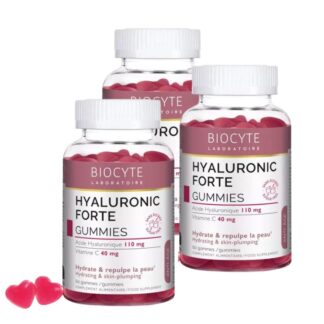 Biocyte Hyaluronic Forte 60 Gomas é um suplemento alimentar sob a forma de gomas que proporciona uma ação hidratante e preenchida graças ao ácido hialurónico